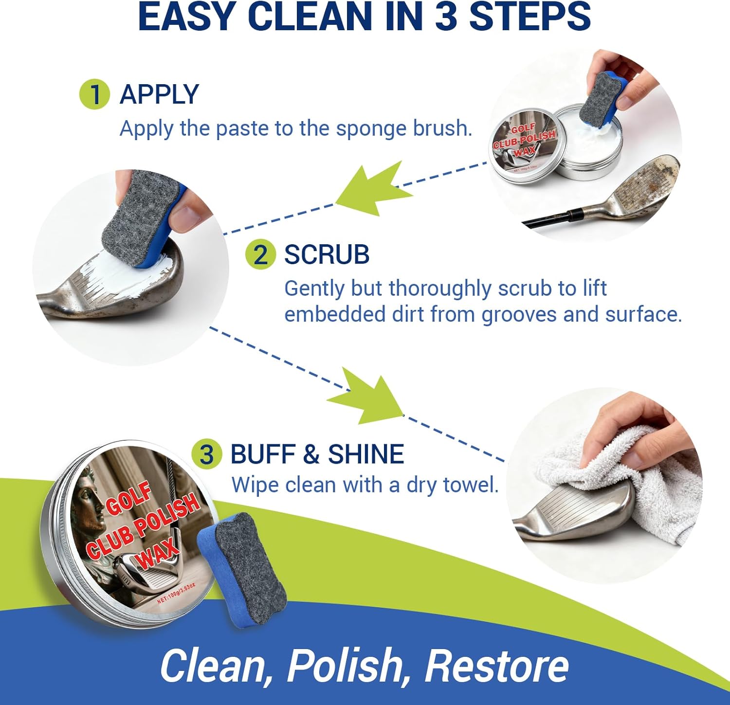 Golf Club Polish & Golf Club Head and Groove Cleaner Kit - Removes Rust, Oxidation & Dirt - 3.53 oz Non-Abrasive Long Lasting Metal Polishing Paste for Aluminum, Chrome & Steel, with Sponge Pad - Image 7