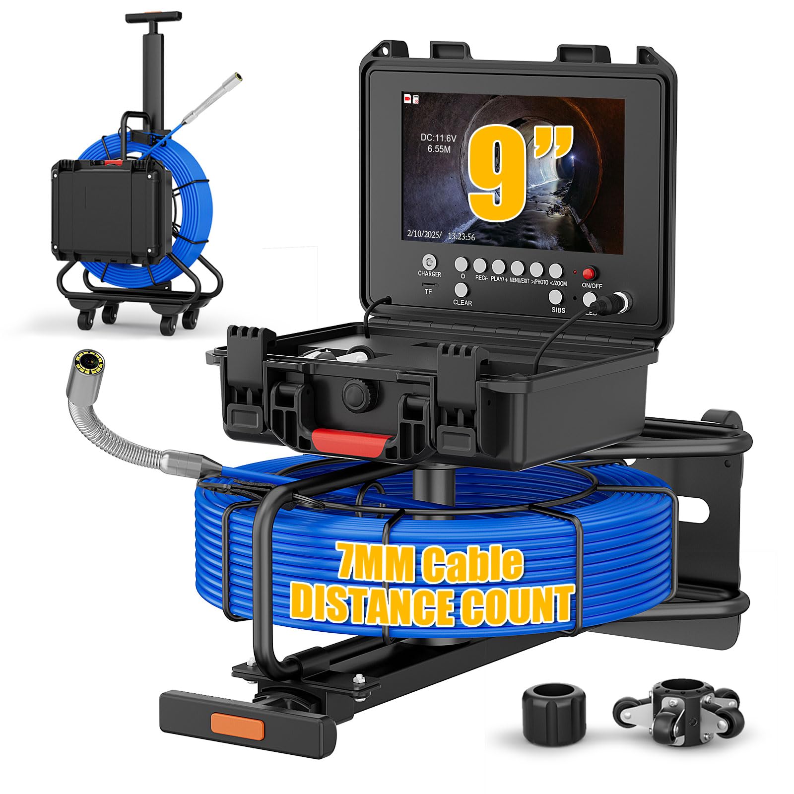 Cámara de alcantarillado con contador de distancia digital, transmisor de 512 Hz, monitor HD 1080P de 9 pulgadas, cámara de fontanería de drenaje, impermeable IP68, cable de 7 mm, tarjeta de