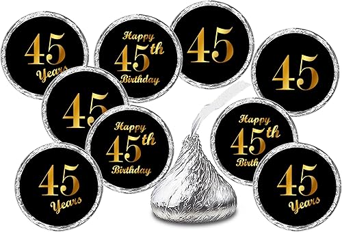 Calcomanías negras de besos para cumpleaños número 45 (juego de 216) etiquetas adhesivas de gotas de chocolate para cumpleaños de 45 años,