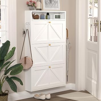 Front Door Shoe Storage, Hanging Shoe Rack with Drawers, 3-Tier Flip-Down Shoe Storage Cabinet for Entryway, Hallway, Narrow Behind the Door Shoe Cabinet, Space-Saving, White