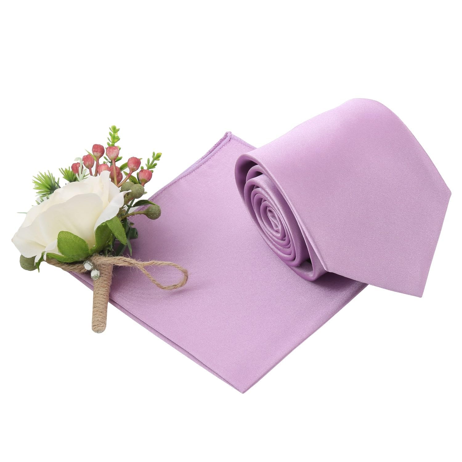 DQT Mens Plain Satin Tie & Pocket Square Set (2pc) - 9cm Classic Wedding, Business & Formal Necktie - Lilac