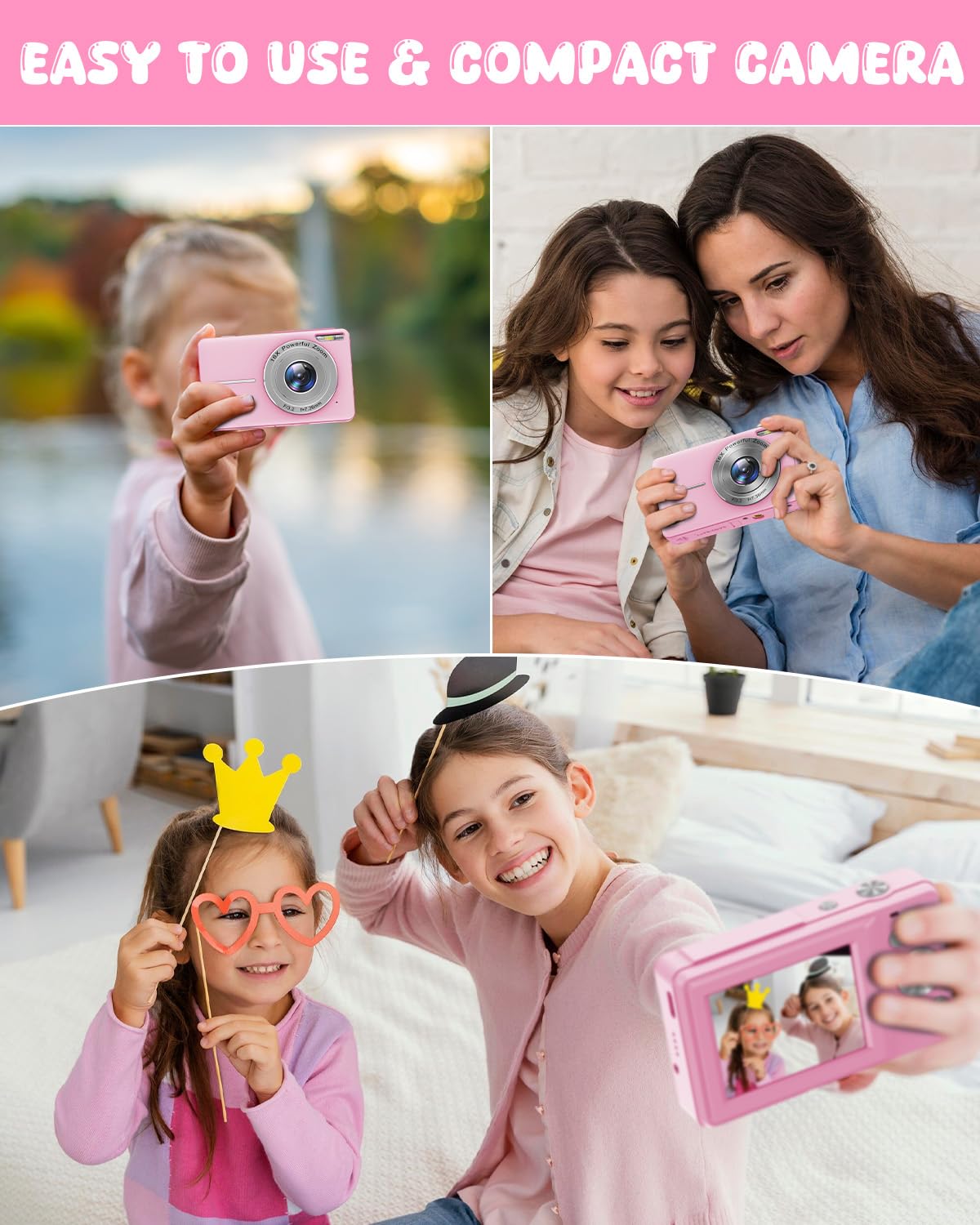 Cámara Digital Compacta con Tarjeta 32GB, 44MP 1080P FHD Cámara de Fotos 2,4 Pulgadas Portátil Recargable Cámara Fotos con Zoom 16X y 2 Pilas Cámara para Niños, Principiantes, Adulto (Rosa)