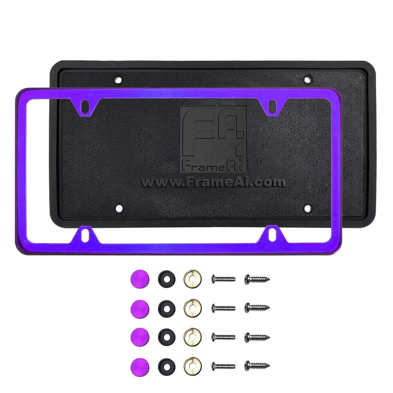 Purple Chrome T304 Four Holes Slim Style Stainless Steel License Plate Frame w/Silicone Back Guard and Metal Screw caps