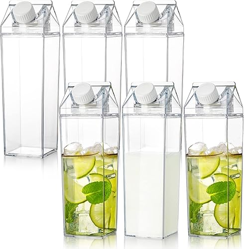 yarlung Paquete de 6 botellas de agua de cartón de leche, caja de leche de plástico transparente de 17 onzas, botella de jugo cuadrada portátil para