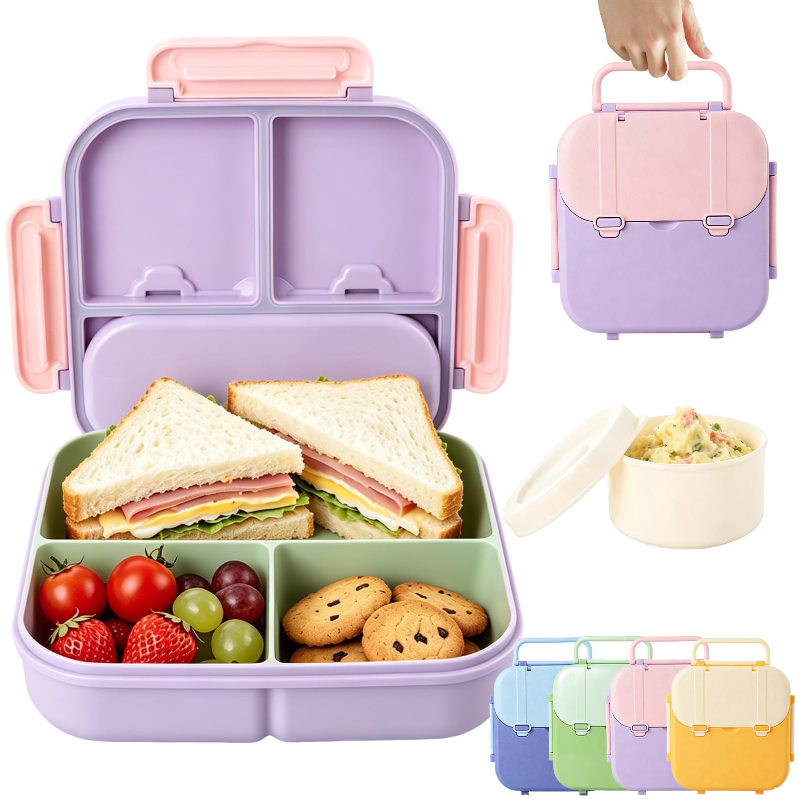 Lychico Purple Bento Lunch Box For Kids, 1400Ml Leakproof Lunch Box With Sauce Pot, Portable Snack Box With Handle, Microwave & Dishwasher Safe Food Storage Container For School Travel Office