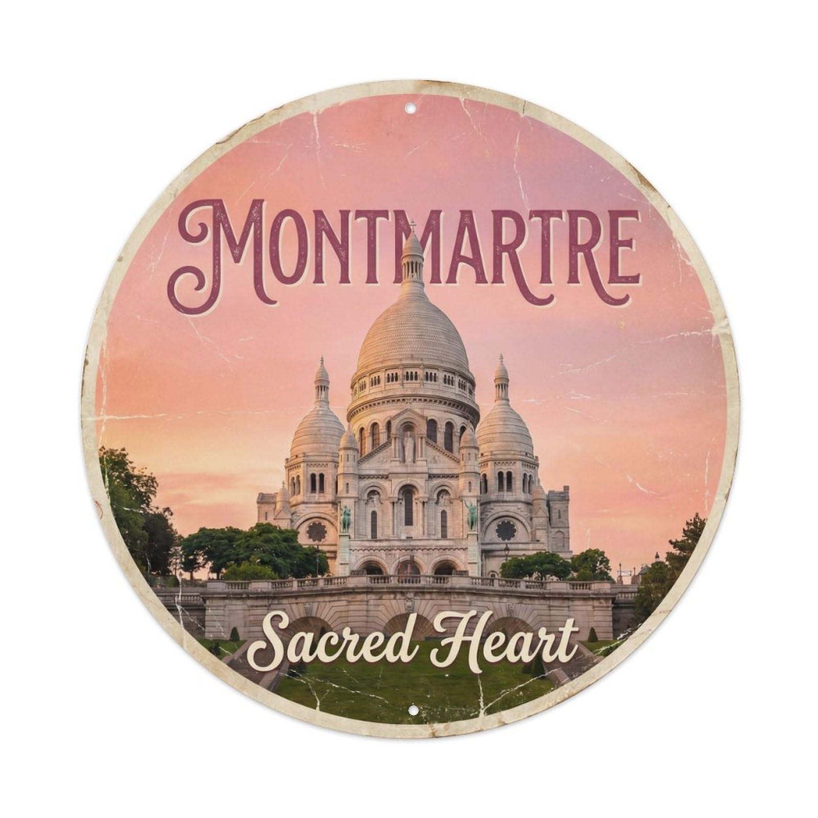 Vintage Travel Sacre Coeur Montmartre Parisian Metal Tin Sign Plaque Wall Decor for Cafe, Club, Garden Round Metal Poster 8x8Inch