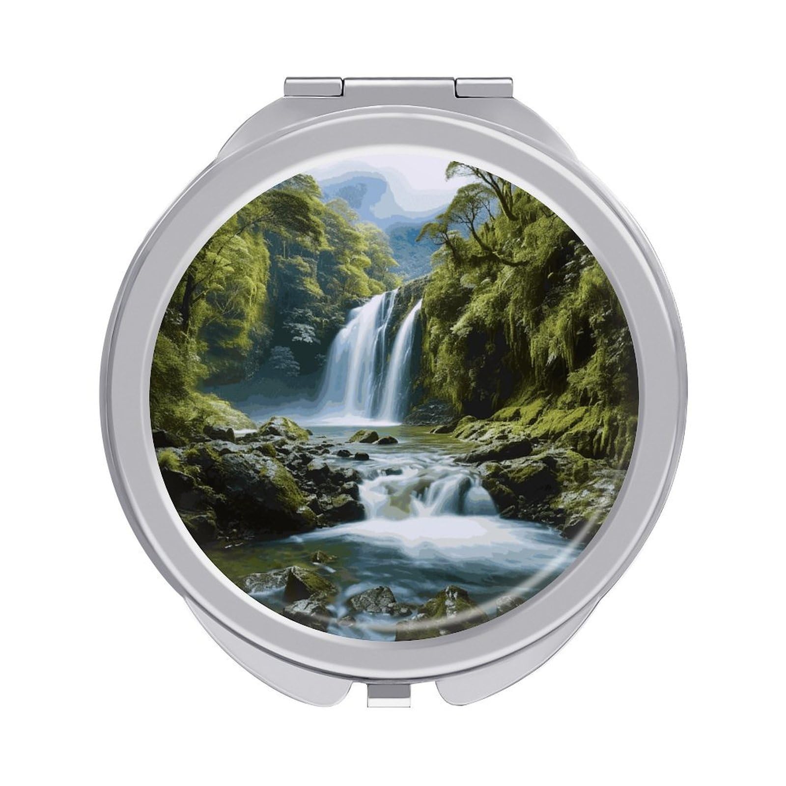 VstaDank Waterfall Landscape Painting Compact Mirror for Purses Round Fashion Travel Makeup Mirror 2X /1x Magnifying Double Sides Mini Mirrors Portable Pocket Mirrors for Handbag Purse Women Gift