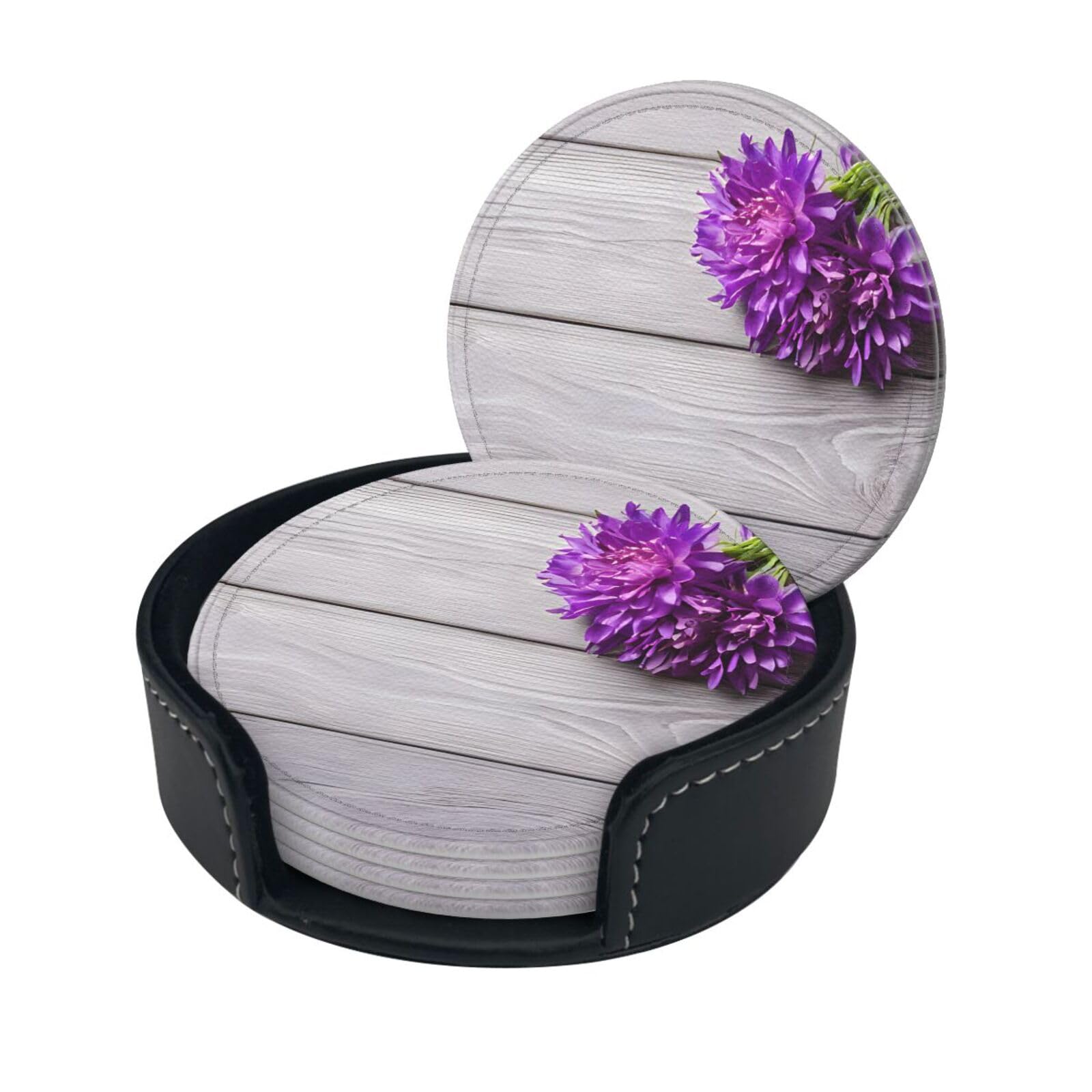 Orchid Print Coaster,Round Leather Coasters with Storage Box for Wine Mugs,Cold Drinks and Cups Tabletop Protection (6 Piece)