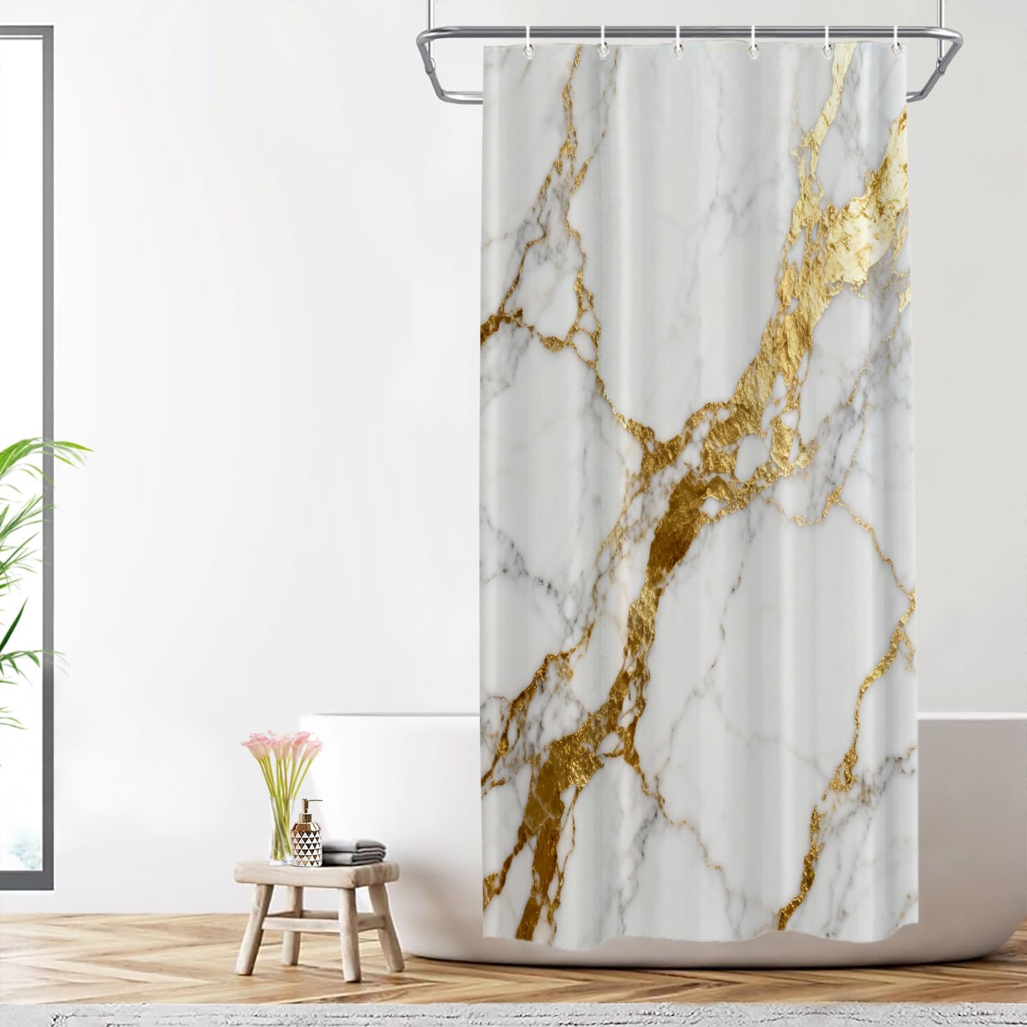 Shrahala White Marble No Hooks Shower Curtain with Snap in Liner Set, Marble Pattern Gray White Marbled Stone Background Bathroom Décor Polyester Fiber Waterproof for Stall Bathtubs 71 X 74 in
