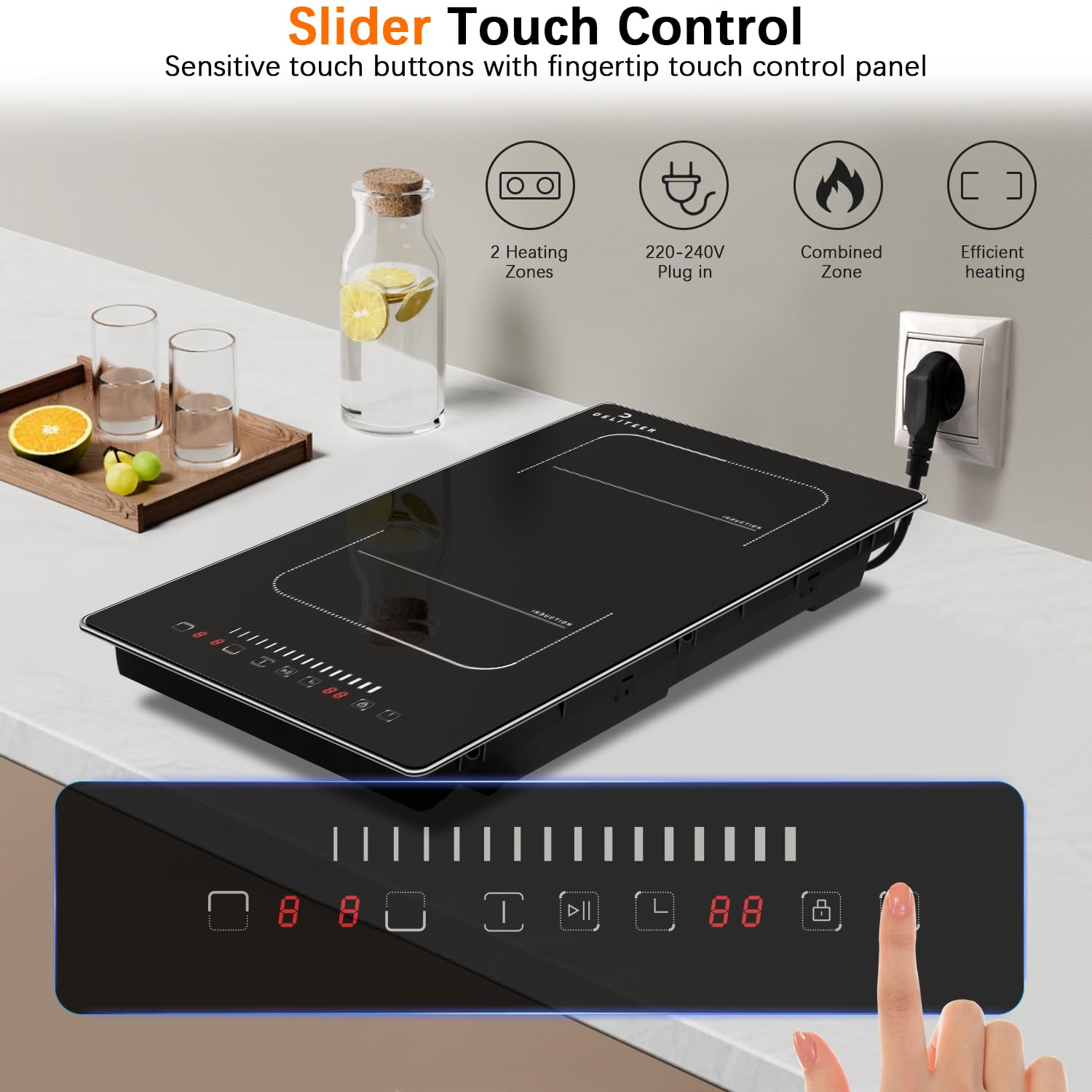 DELITEER, Piano Cottura a Induzione 2 Piastre con Spina, Piano di Cottura da Incasso con Cornice, 3500W, Controllo del Cursore, Zona Flessibile per il Grill, Blocco Bambini, 9 Livelli di Potenza