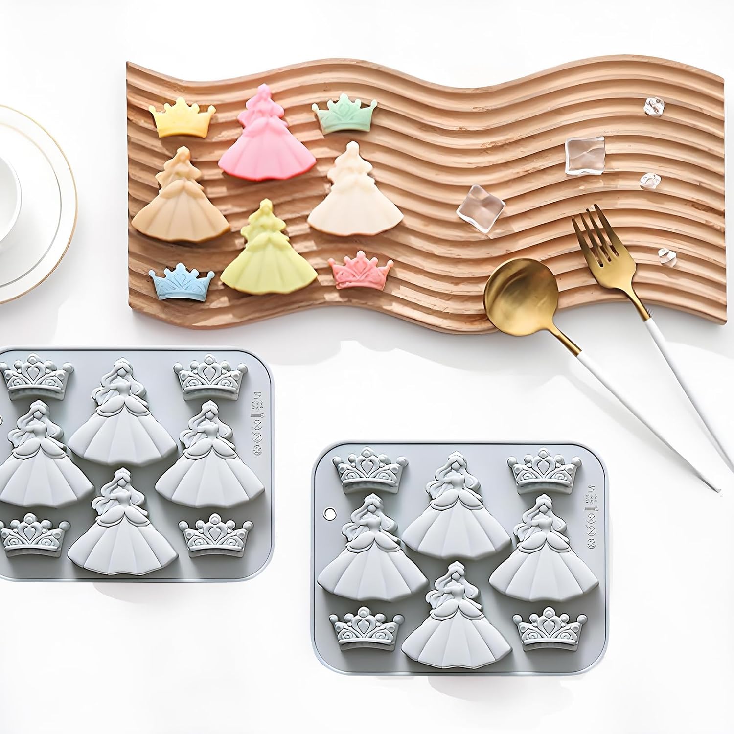 3D Silicone Crown Fondant Molds, 2 Pcs Princess-style Crown and Dress Shaped Baking Molds for Chocolate, Candy, Cookie, Jelly, Cupcake Topper, 7.13 x 5.63 Inches