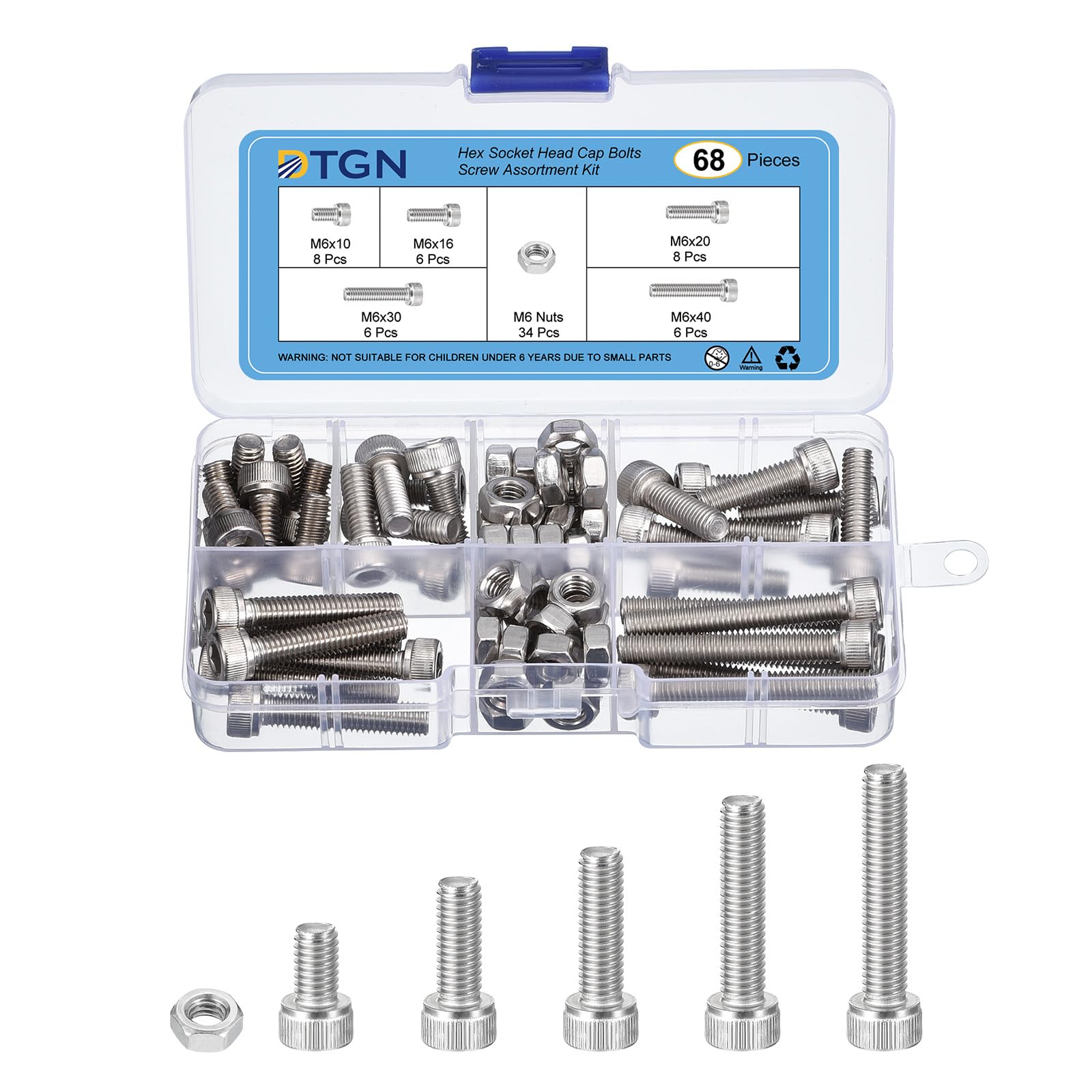 DTGN 68Pcs M6 Metric Screw Assortment, Bolts and Nuts Kit, 304 Stainless Steel M6x10/16/20/30/40mm Hex Socket Head Cap Screws Bolt Set for 3D Printing DIY