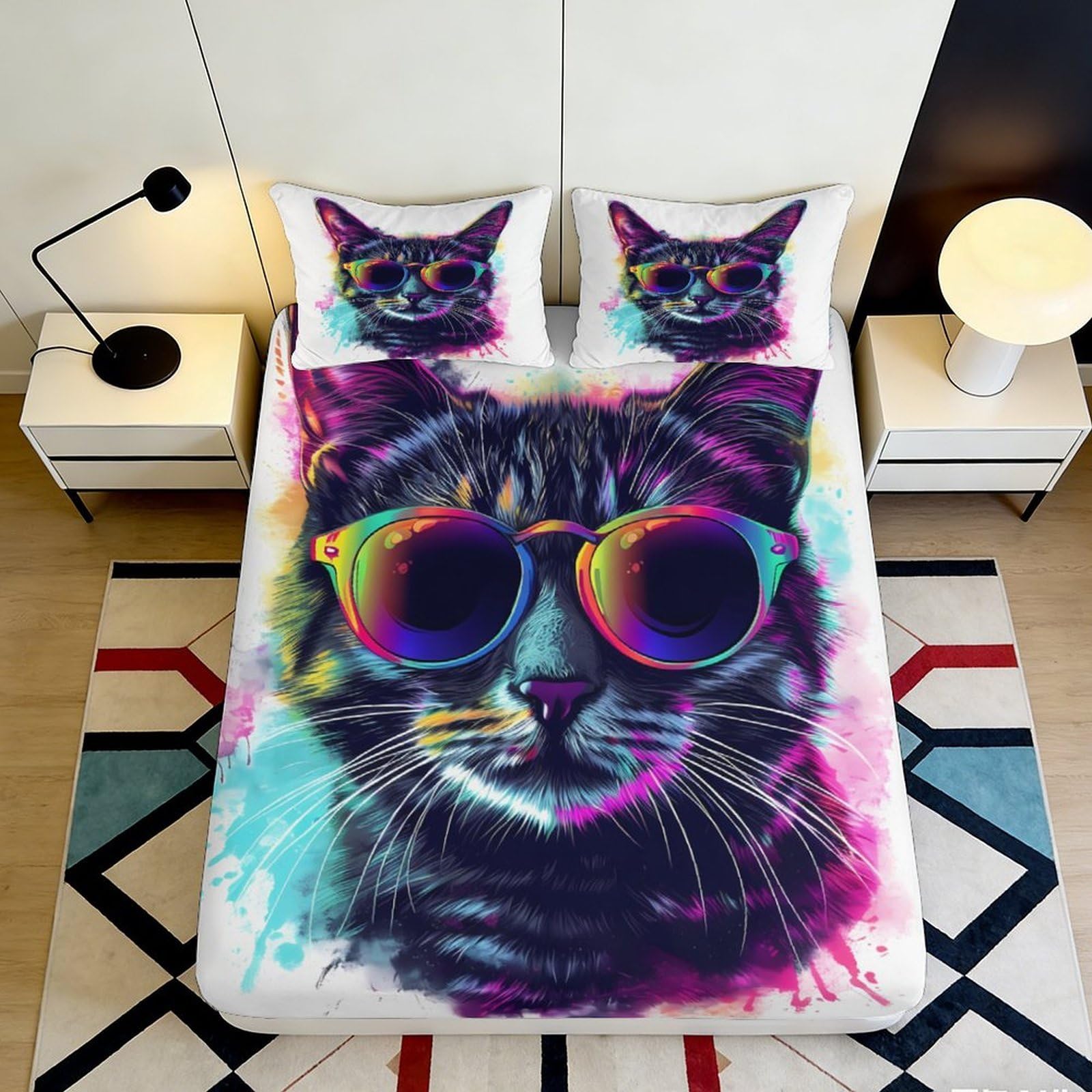 Jqzkxnhpbr Style-9 3D Printed Colorful Cat Fitted Sheet Microfiber Soft Anti-Slip Sunglasses Bed Sheet For Bedroom Guest Room Decor 90X200x25cm