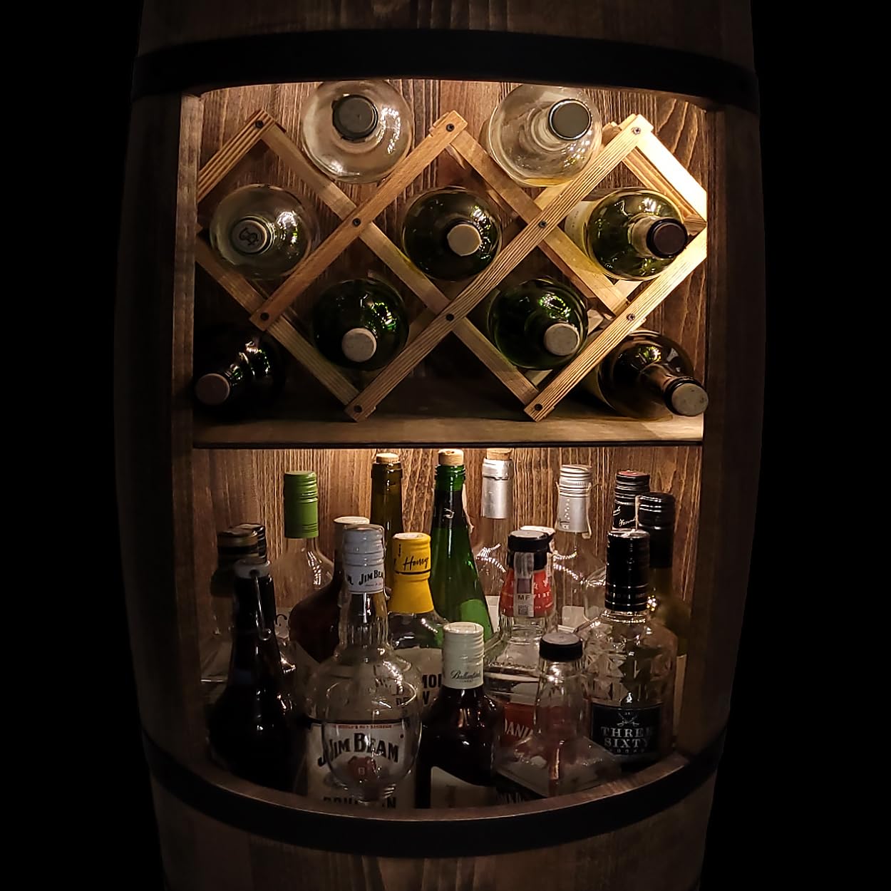 weeco Montabile con illuminazione a LED e portabottiglie per vino, Barile In Legno, decorazione rustica, armadietto da bar, portabottiglie, portabottiglie di vino, Mobilie a forma di botte 80cm wengé