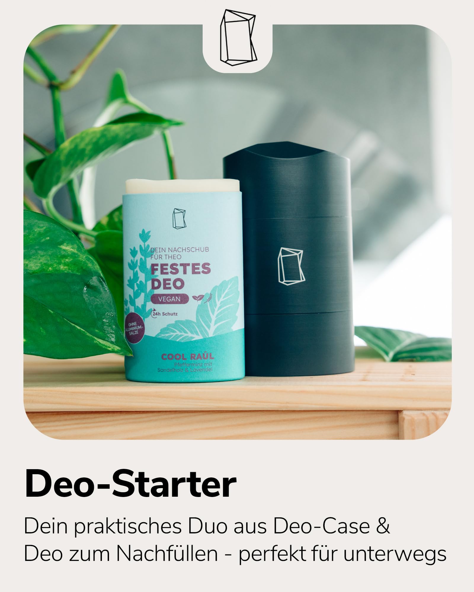 Duschbrocken Festes Deo Starterset - 3x Cool Raúl Deodorant mit Deo-Behälter - Herb & Frisch - 24h Schutz ohne Aluminium - Vegan & Plastikfrei - 316g