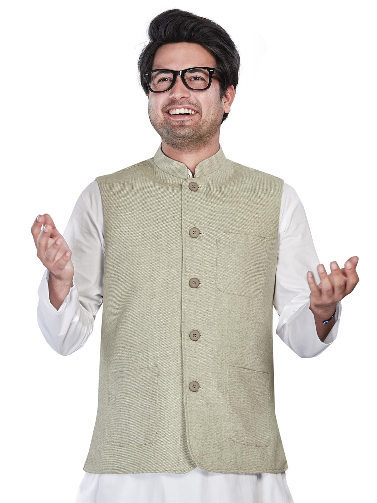 Classic Handcrafted Indonesian Linen Blend Premium V-Neck Nehru Jacket, Regular Fit | Casual Ethnic Wear | Perfect For Any Occasion | 120Gsm Fusing On Front & Back-image-31