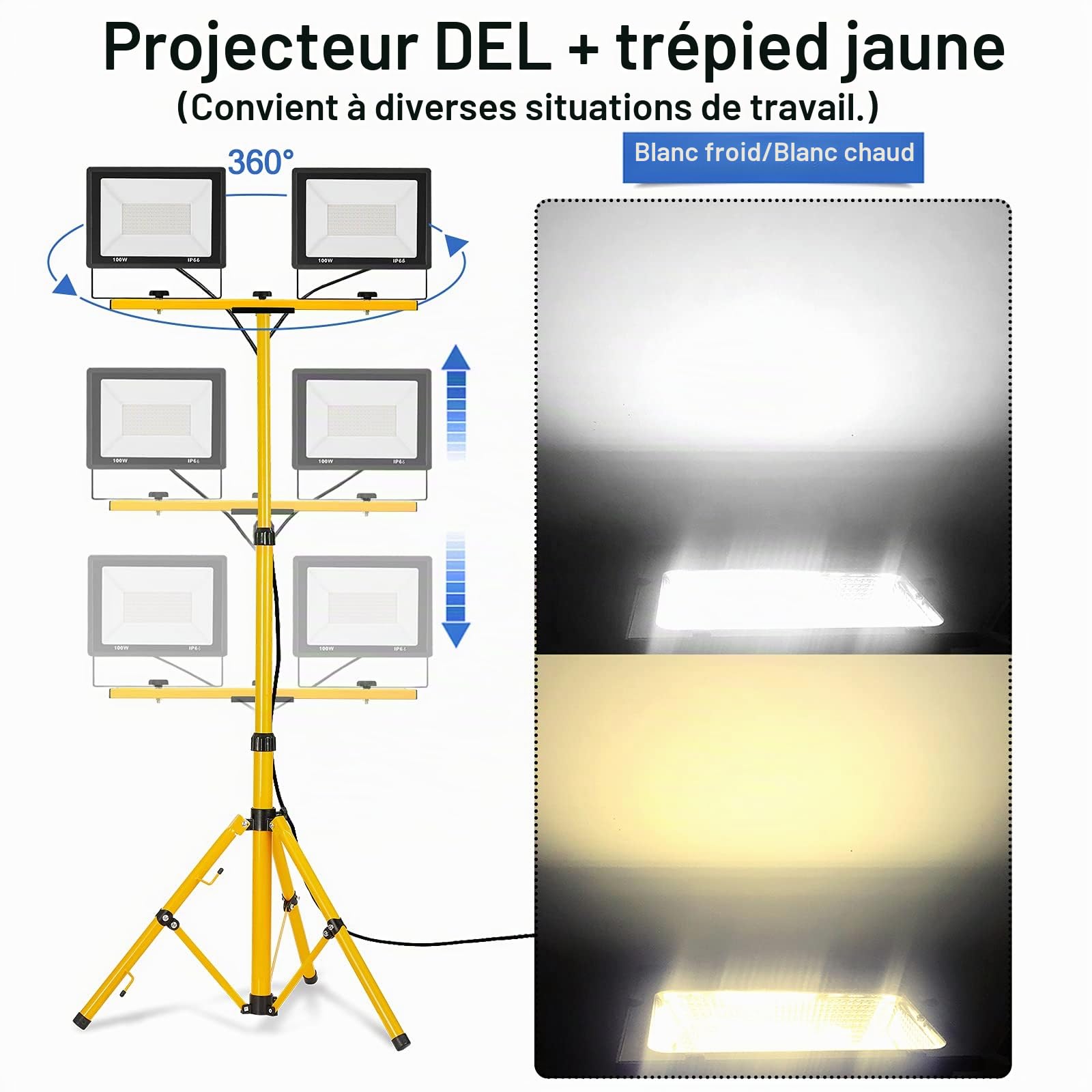 UISEBRT Projecteur LED 2 * 200W blanc froid avec trépied Eclairage Extérieur LED avec cordon d'alimentation Lumières d'inondation étanche IP66 pour garage, jardin, chantier de construction