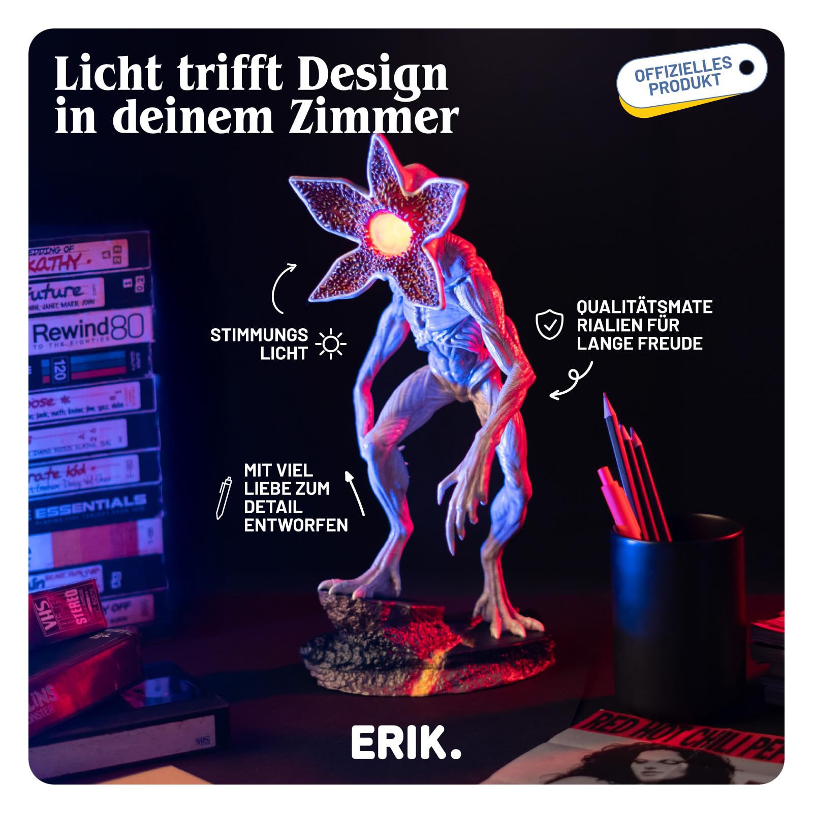 Grupo Erik LED Lampe Stranger Things Demogorgon Licht Deko - Stimmungslicht Schreibtisch 15 x 34 x 19 cm - Nachttischlampe Kinder und Erwachsene Zubehör - Offizieller Stranger Things Merch Fanartikel | Stranger Things Raumdekoration, offizielles Netflix-M