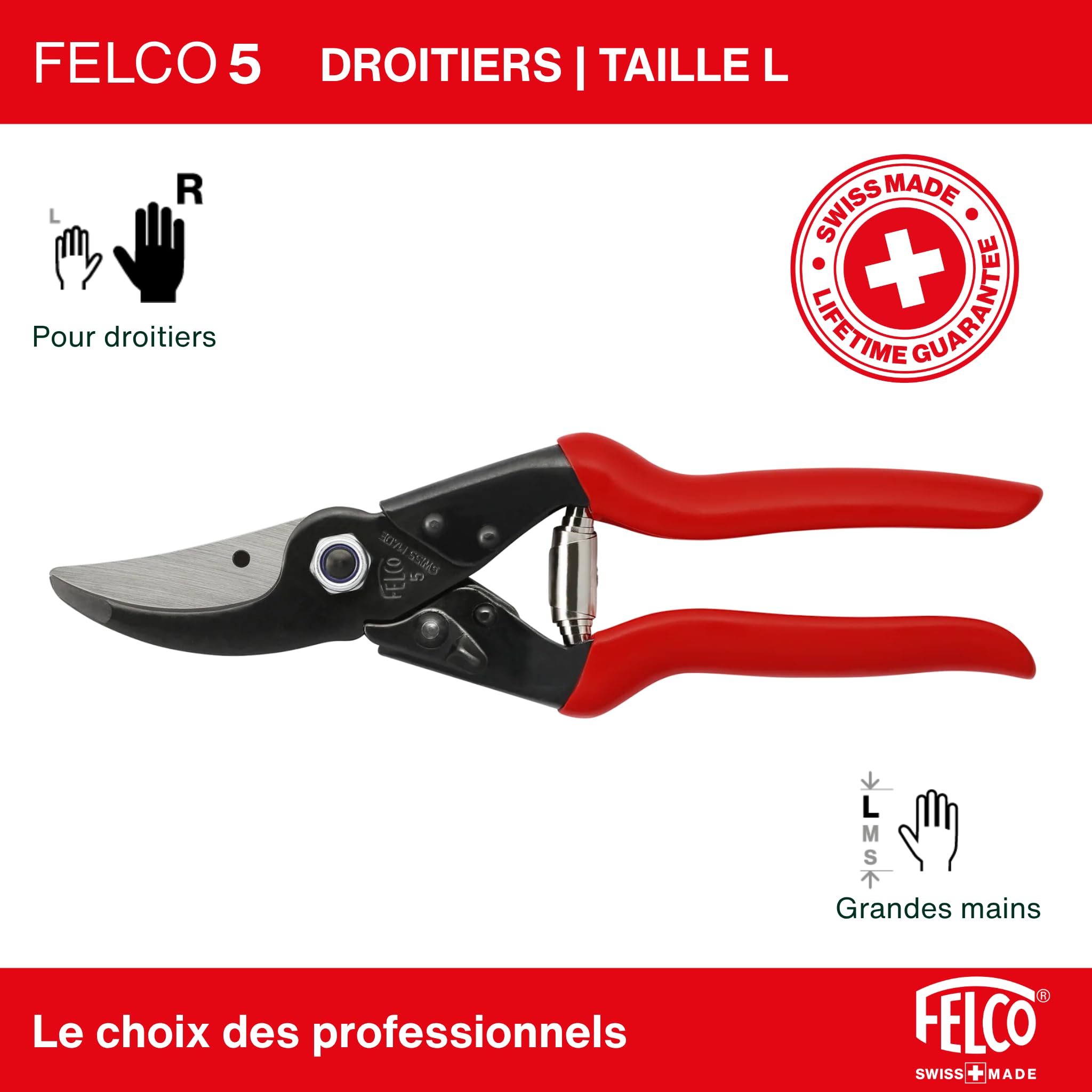 FELCO 5 sécateur puissant pour grande main droite, coupe jusqu’à 25 mm, longueur 225 mm, tête effilée pour accès facile, poignées en acier, idéal pour une taille précise au quotidien