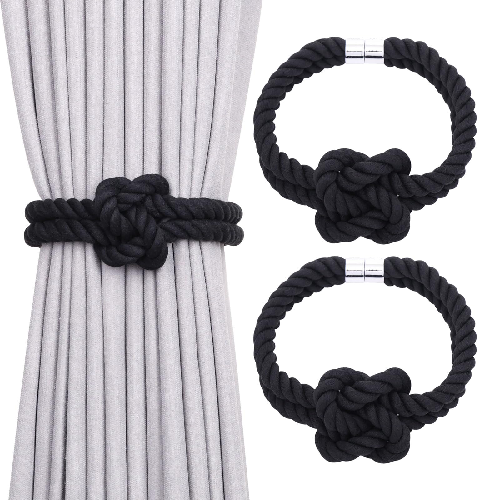 Pretty Jolly 2 Pack Natural Cotton Rope Magnetic Curtain Tiebacks Elegant Knot Decor Drape Tie Backs Boho Style Soft Hand Weave Rope Curtain Holdbacks for Home & Office Window Drapery (Black)