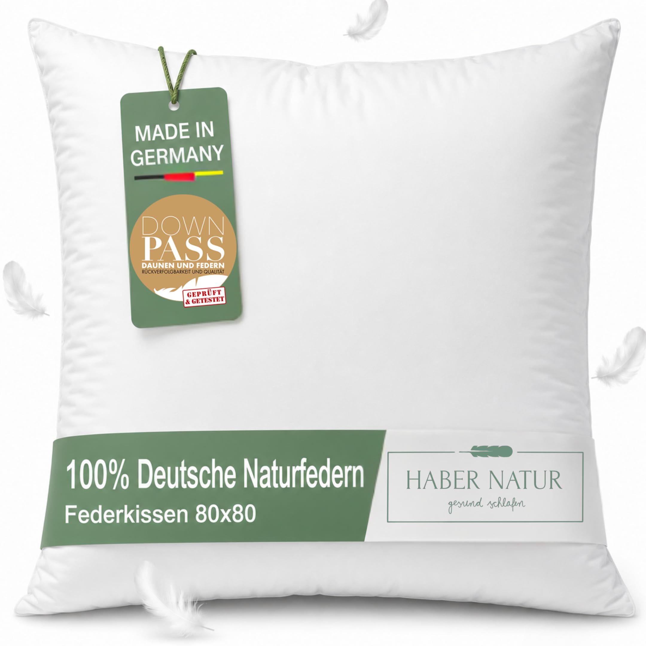 HABER NATUR Federkissen 80x80 - Made in Germany - Kopfkissen 100% Federn | Kopfkissen 80x80 mit 1500g Füllgewicht | Allergiker geeignet (NOMITE) | Tierwohl Zertifiziert (DOWNPASS) | Oeko-TEX Klasse 1