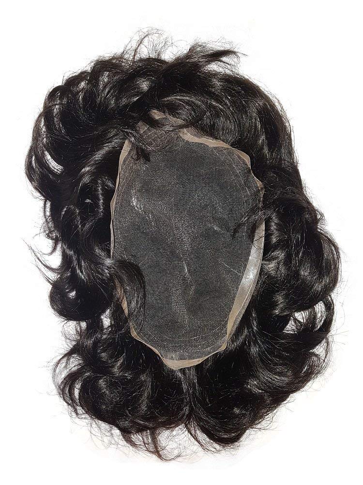 Beauty House Men's Human Hair Patch Full Lace Wigs with Front-Lace Hair Tape (8x6, Black)