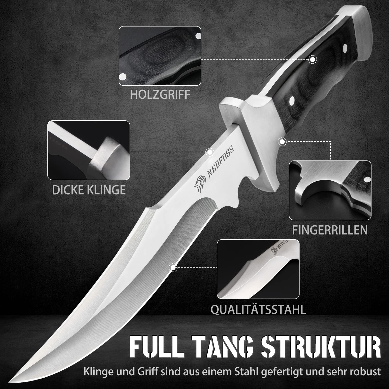 NedFoss TIGER 16CM Coltello fisso da esternoin acciaio, coltello da sopravvivenza affilato, coltello da campeggio, coltello da pesca, coltello da cespuglio, Ideale per campeggio, regali
