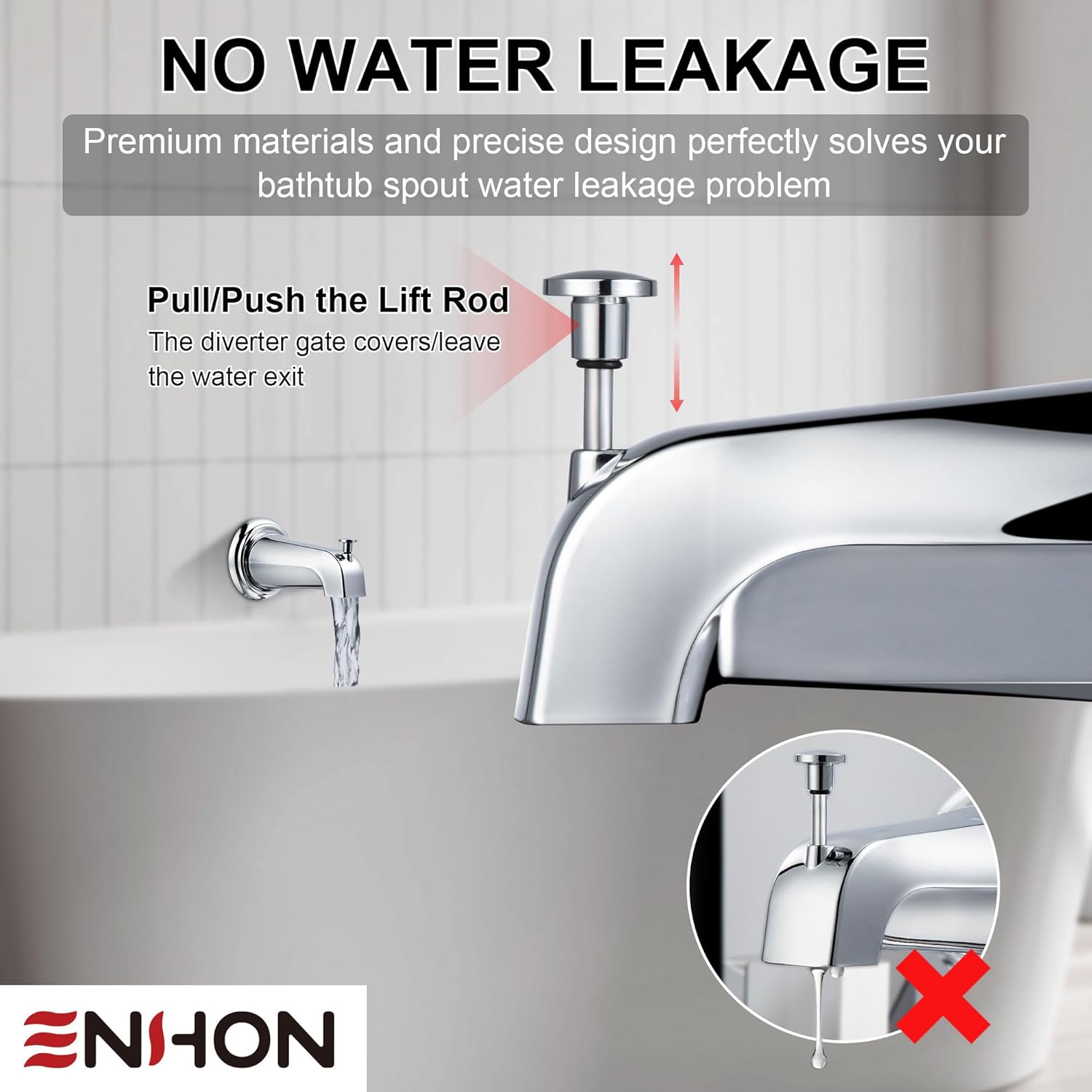 enhon tub spout with diverter, slip-fit bathtub faucet spout replacement, 1/2 copper pipe connection, easy to install, universal for bathroom shower(chrome color,1 pack) 1 chrome color