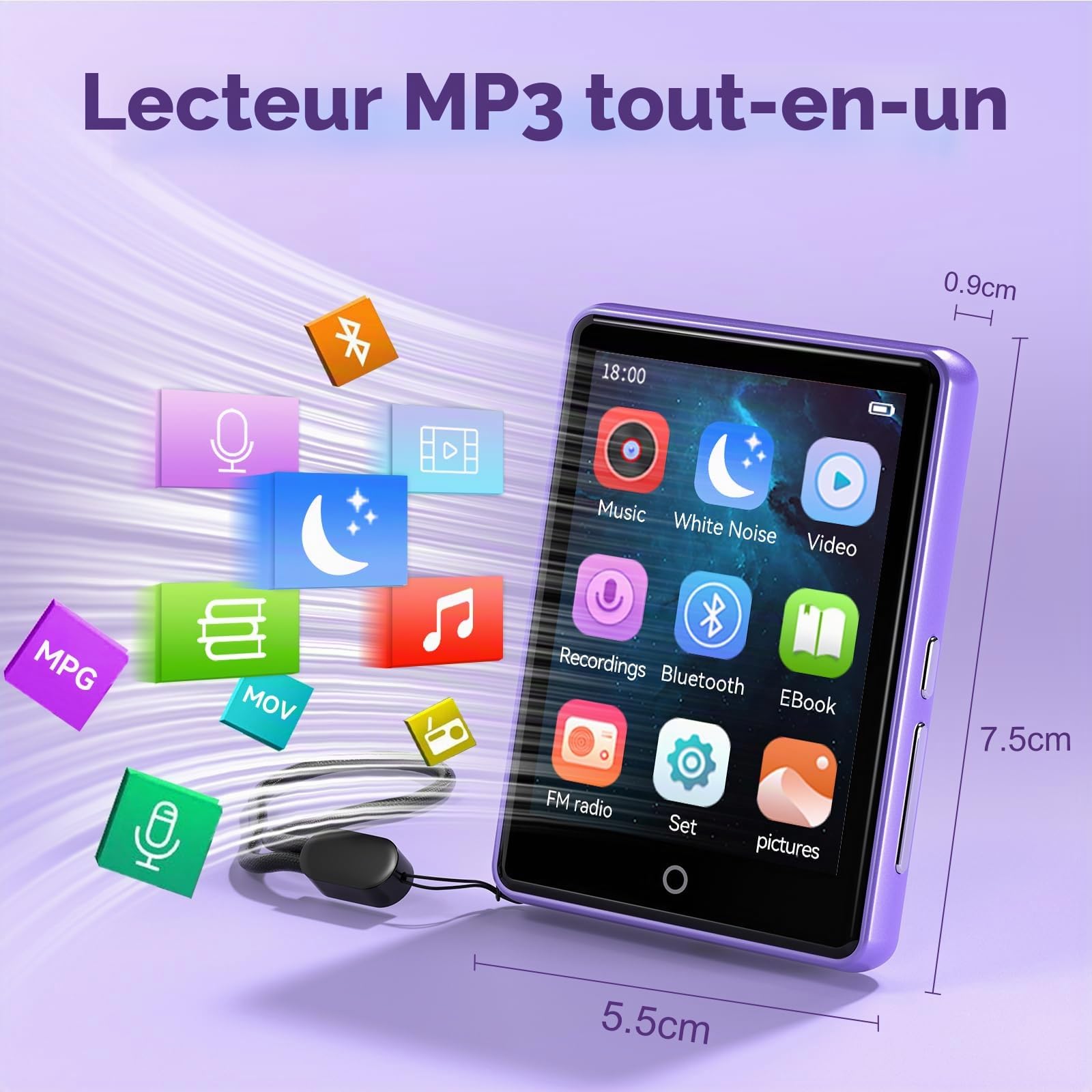32Go Lecteur MP3 Bluetooth 5.3, 2,8" écran Tactile, Bruit Blanc (18 Sons), Lecteur MP3 Portable HiFi pour Enfants, avec Haut-Parleur, jusqu'à 45 Heures d'autonomie, Radio FM, Extensible 128 Go
