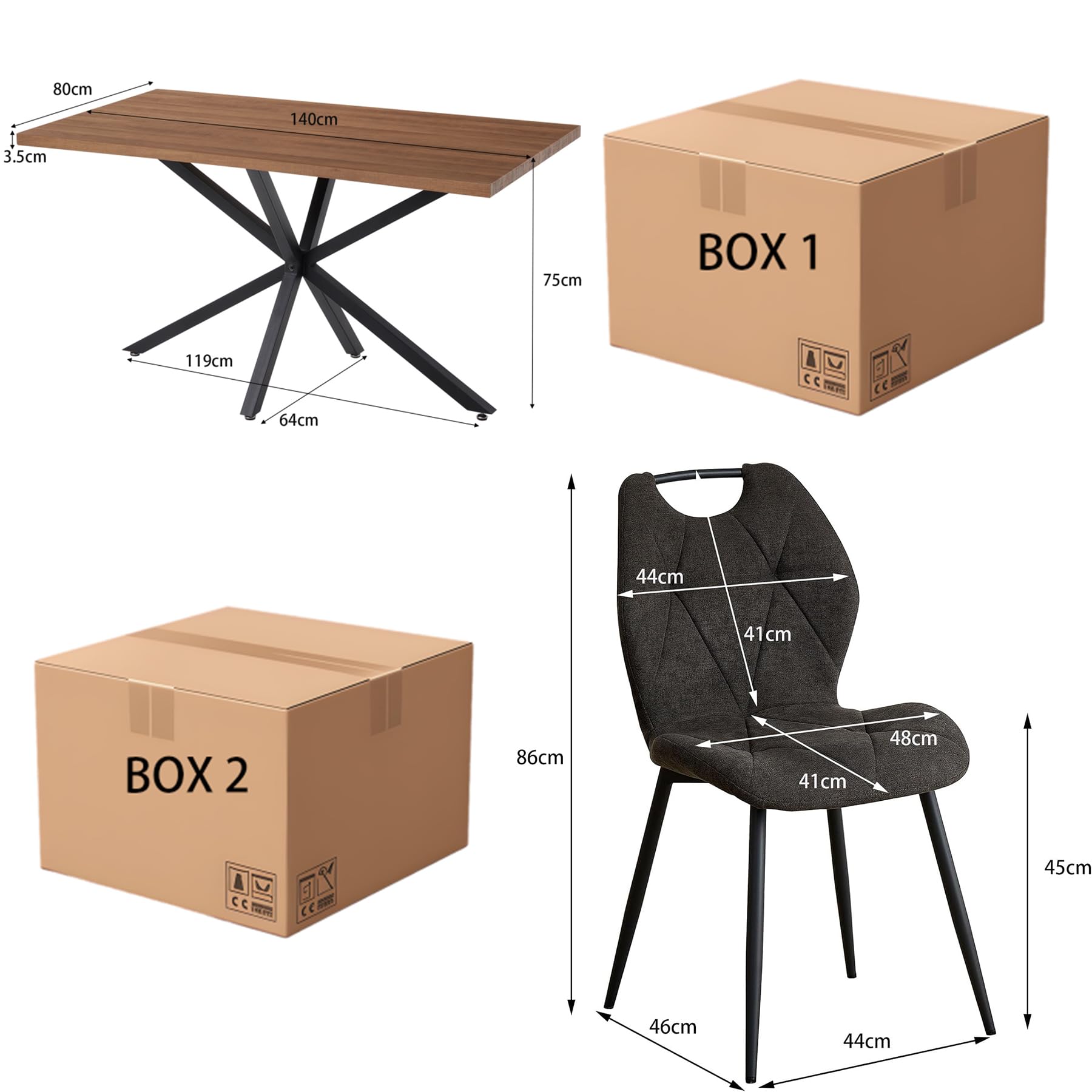 Essgruppe Set Tisch und Stühle, Rechteckiger Esstisch (140 cm) mit 4 Esszimmerstühlen aus Leinenstoff und Griff für Küche, Esszimmer (Dunkles Holzdekor+4*stühle (Schwarz))