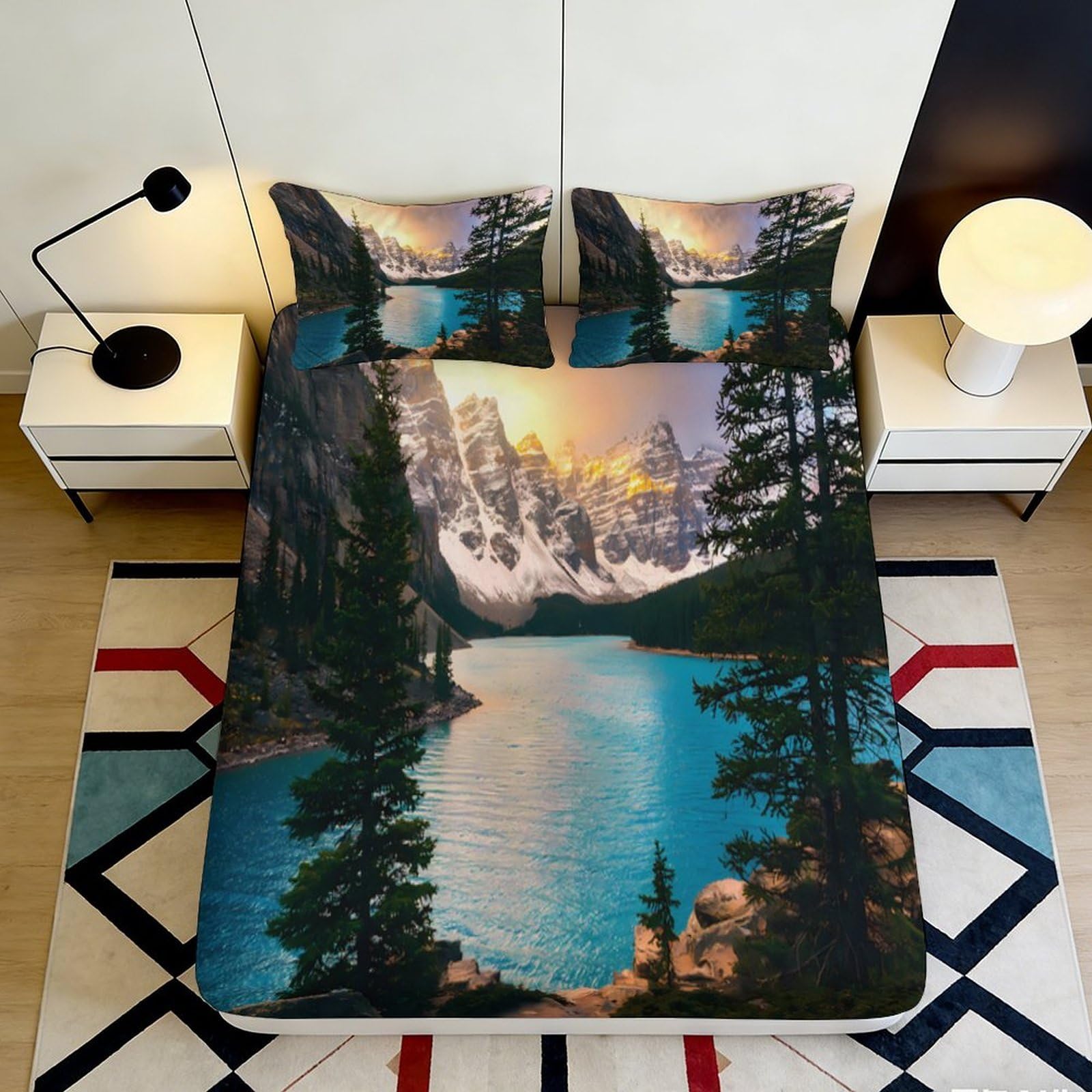 3D Printed Mountain Lake Fitted Sheet Microfiber Scenic Forest Bed Cover for Bedroom Guest Room Mattress Protection 90x200x25cm