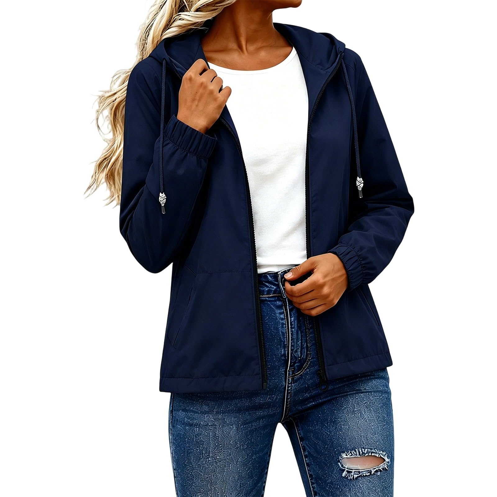 Genérico Impermeable Mujer-Chaqueta Cortavientos Con Capucha Y Cremallera Ideal Para Exteriores