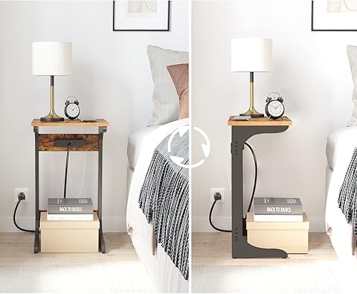 Miniatura 2 de TUTOTAK Mesa auxiliar en forma de C con estación de carga, mesa de bandeja de TV con 2 puertos USB y tomacorrientes, mesa de sofá, mesa de