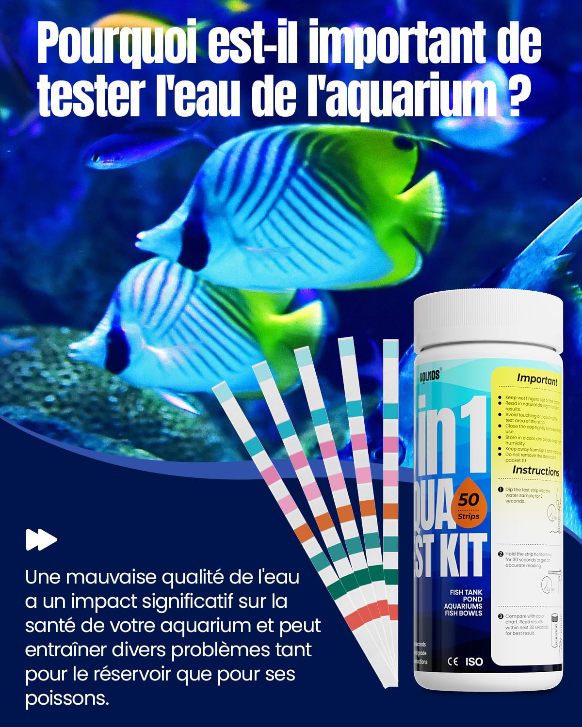 Bandelettes de test d'aquarium – Boîte de test d'eau 8 en 1 : tests rapides et précis pour l'eau douce et l'eau salée, 50 bandelettes pour mesurer le nitrite, l'ammoniac pour l'entretien