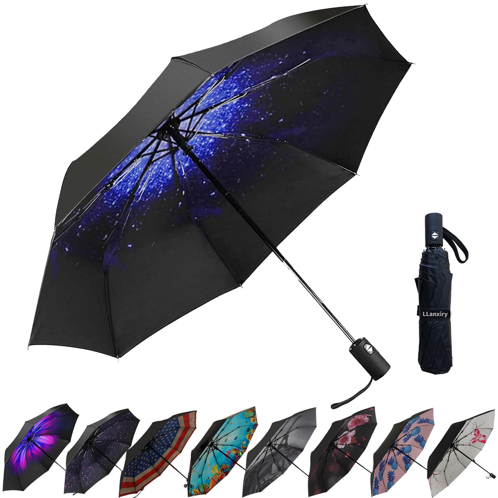 LLanxiry Compact Travel Umbrella, 44" Canopy, Automatic Open/Close Windproof Umbrella, 210T Pongee, 8-Rib Fiberglass, Travel Size Mini, Portable Rain/