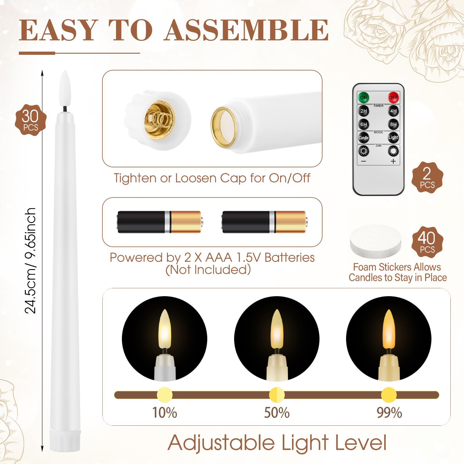 Glooglitter 30 velas LED cónicas sin llama con 30 portavelas dorados y 2 temporizadores, funciona con pilas, luz cónica parpadeante con portavelas de metal a granel para decoración de mesa de boda y