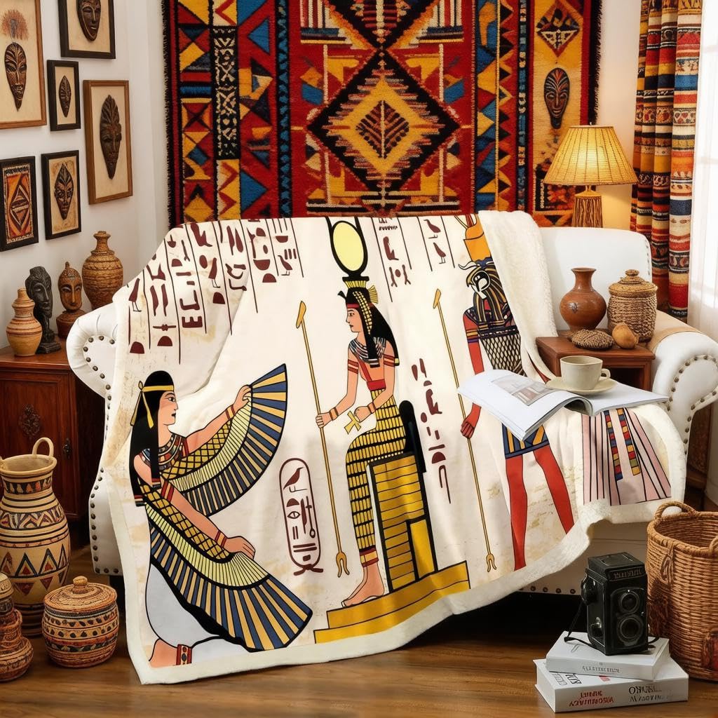 Loussiesd Ancient Egypt Fleece Blanket for Chair Sofa Couch Egypt Culture Sherpa Blanket Decorative Egyptian Pattern Exotic Tribal Style Plush King 87"*94"