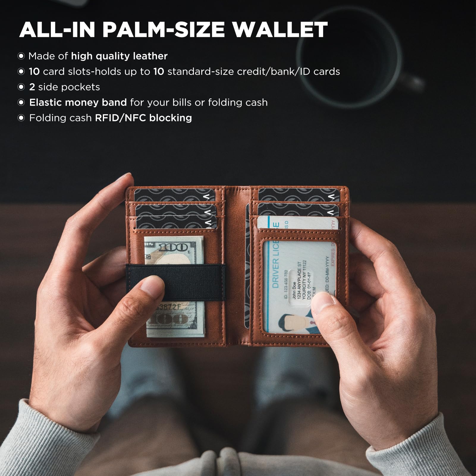 VULKIT Étui pour cartes de crédit, blocage RFID, en cuir fin, poche avant, porte-monnaie pour homme, porte-cartes bancaires, accès rapide avec 10 emplacements et bande pour argent pour factures ou
