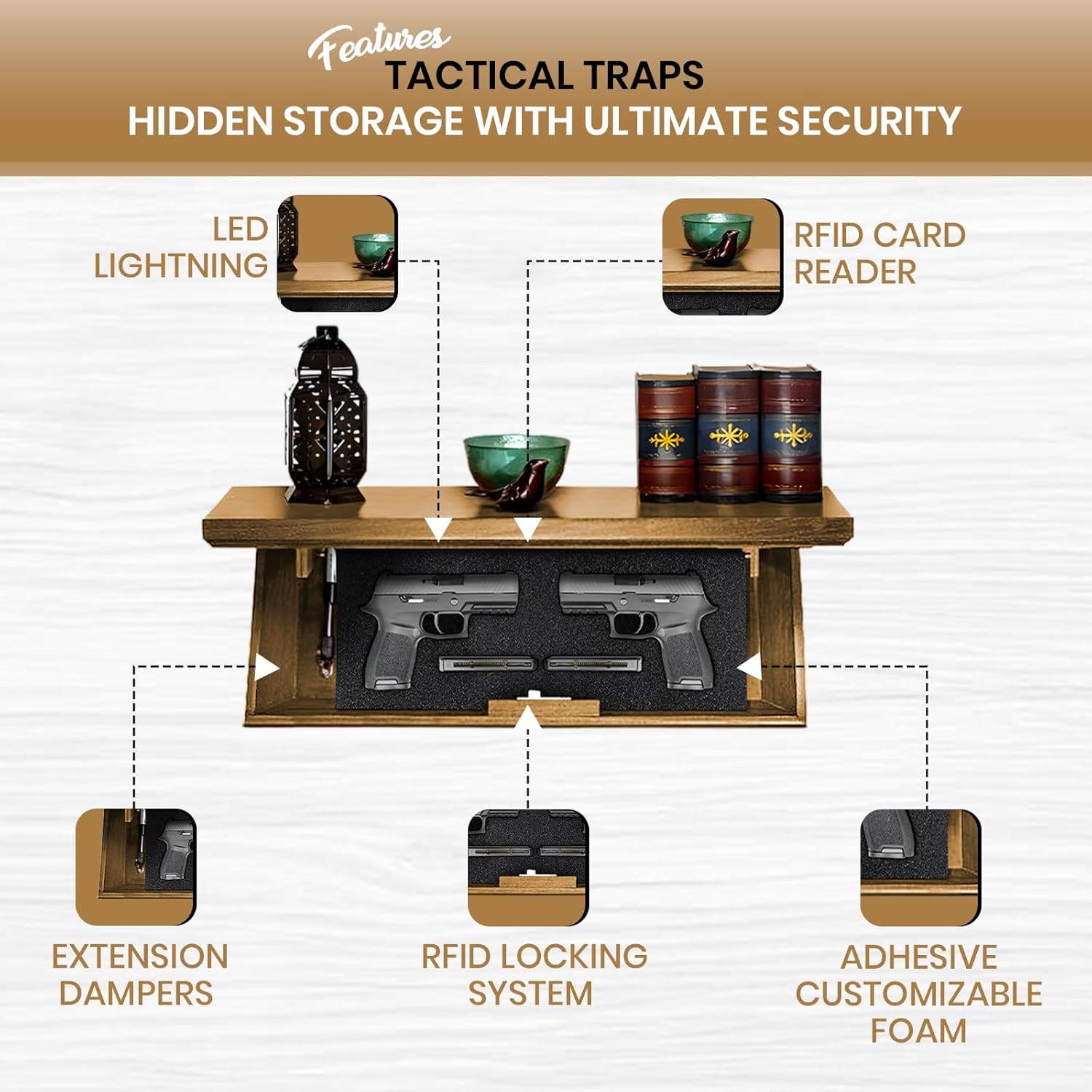 Tactical Traps Patriot 35S Compact Gun Shelf with Trap Door | Compact Firearm Storage with RFID Lock | Easy Installation | Secure & Safe Compartment | 22 ½ ” X 10 ¼” X 4” - Early American