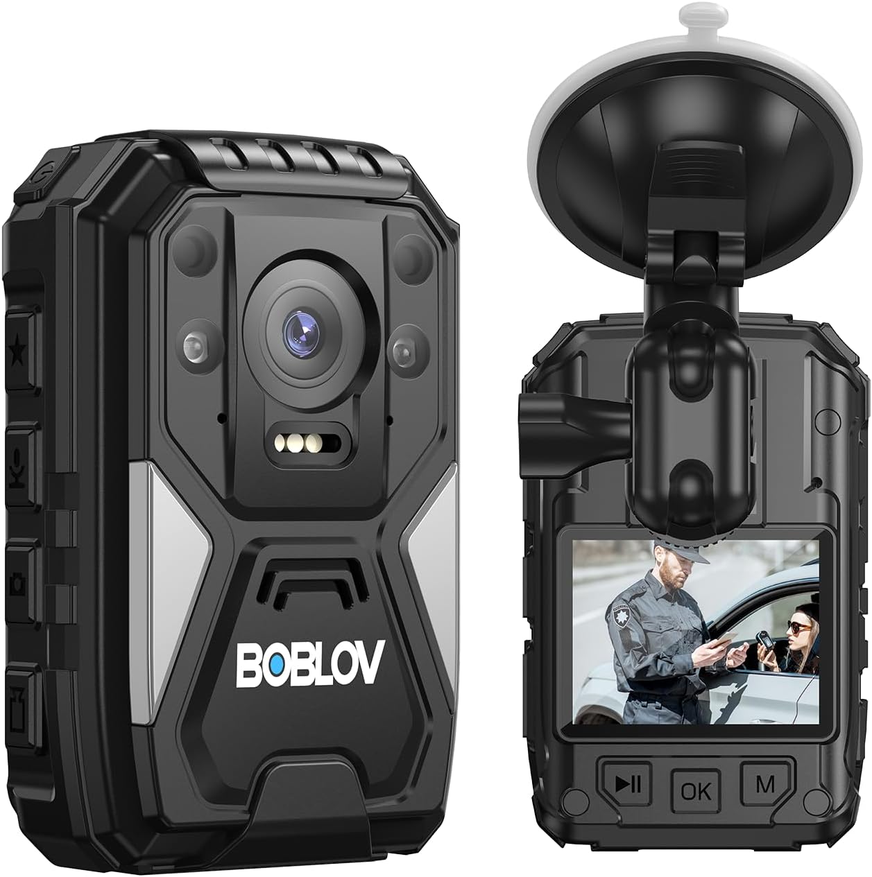 മുന്നിലും പിന്നിലും view of the BOBLOV B4K4 Body Worn Camera, showing the lens, screen, and control buttons.
