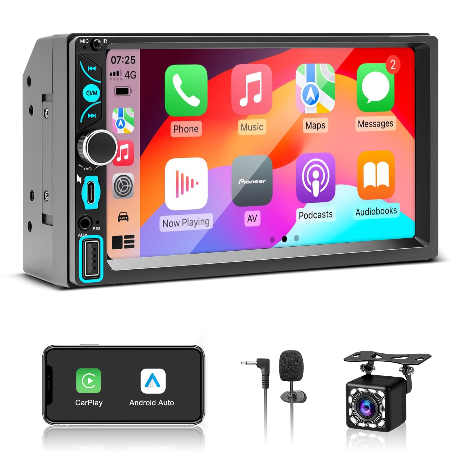 WERESOUND 2 DIN Bluetooth Car Radio with Wireless CarPlay & Android Auto | Double DIN 7 Pollici HD Touch Screen, Car Radio with Mirror Link, FM, EQ, SWC, Type-C, GPS Navigation, Rear Camera, Mic