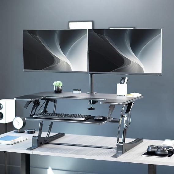 VIVO Black 36 inch Desk Riser with Monitor Mount, DESK-KIT-0V02 | Standing Desk Converter with Dual Monitor Mount for up to 30 inch Screens, Height Adjustable Riser with Dual Arms