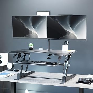 VIVO Black 36 inch Desk Riser with Monitor Mount, DESK-KIT-0V02 | Standing Desk Converter with Dual Monitor Mount for up to 30 inch Screens, Height Adjustable Riser with Dual Arms