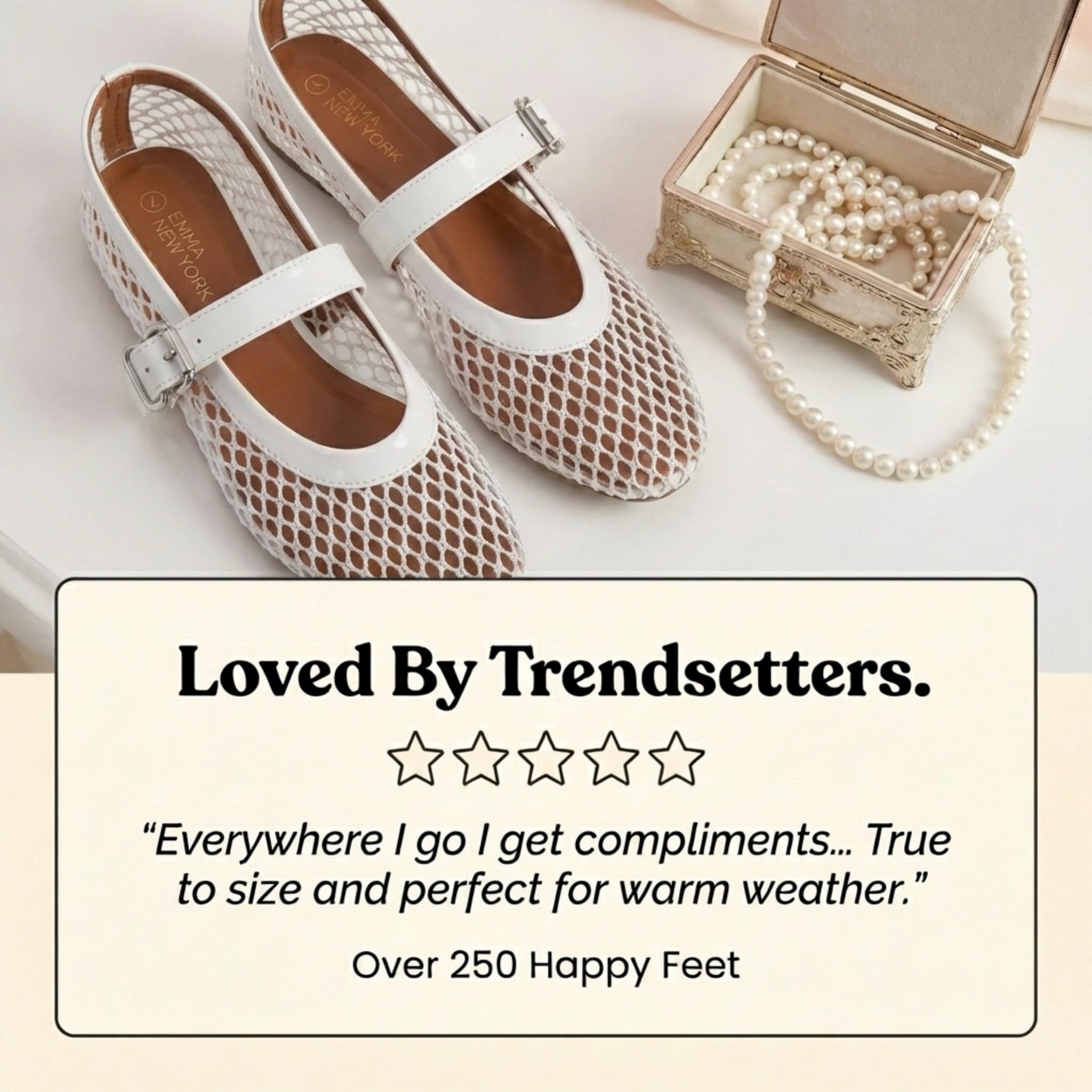 EMMA NEW YORK Mesh Ballet Flats for Women, Mary Jane Mesh Ballet Flats Shoes for Women with Buckle Strap (White, 8.5)