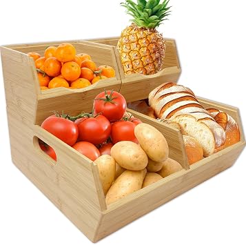 MinBoo Bamboo Stackable Pantry Storage Bins Potato and Onion Storage,Fruit Basket for Pantry Organization,Fruit Bowl for Kitchen Counter,Fruit and Vegetable Storage Bamboo