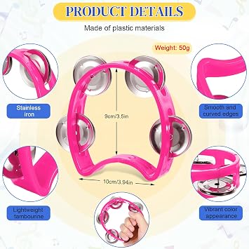 12 Pcs Plastic Percussion Tambourine with 4 Bells Rhythm Musical Instruments for Adults Hand Tambourine Hand Held Percussion Drum for Party Kindergarten Family School Supplies (Pink)