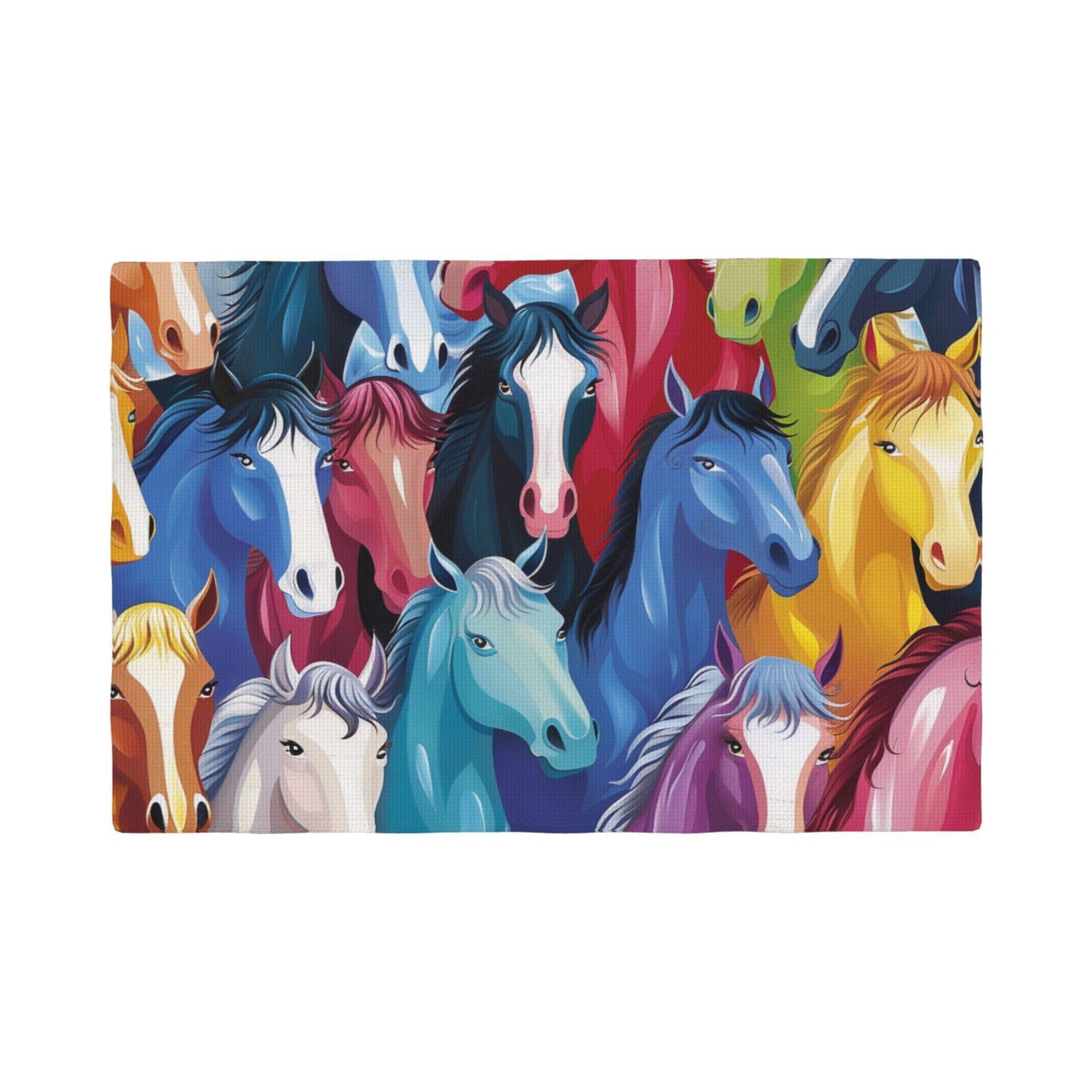 Colorful Cartoon Horses Print Placemats Set, Heat Resistant Washable Placemat 12x18in Table Mats for Party Kitchen Dining Table Decoration Indoor Outdoor, Four Pieces