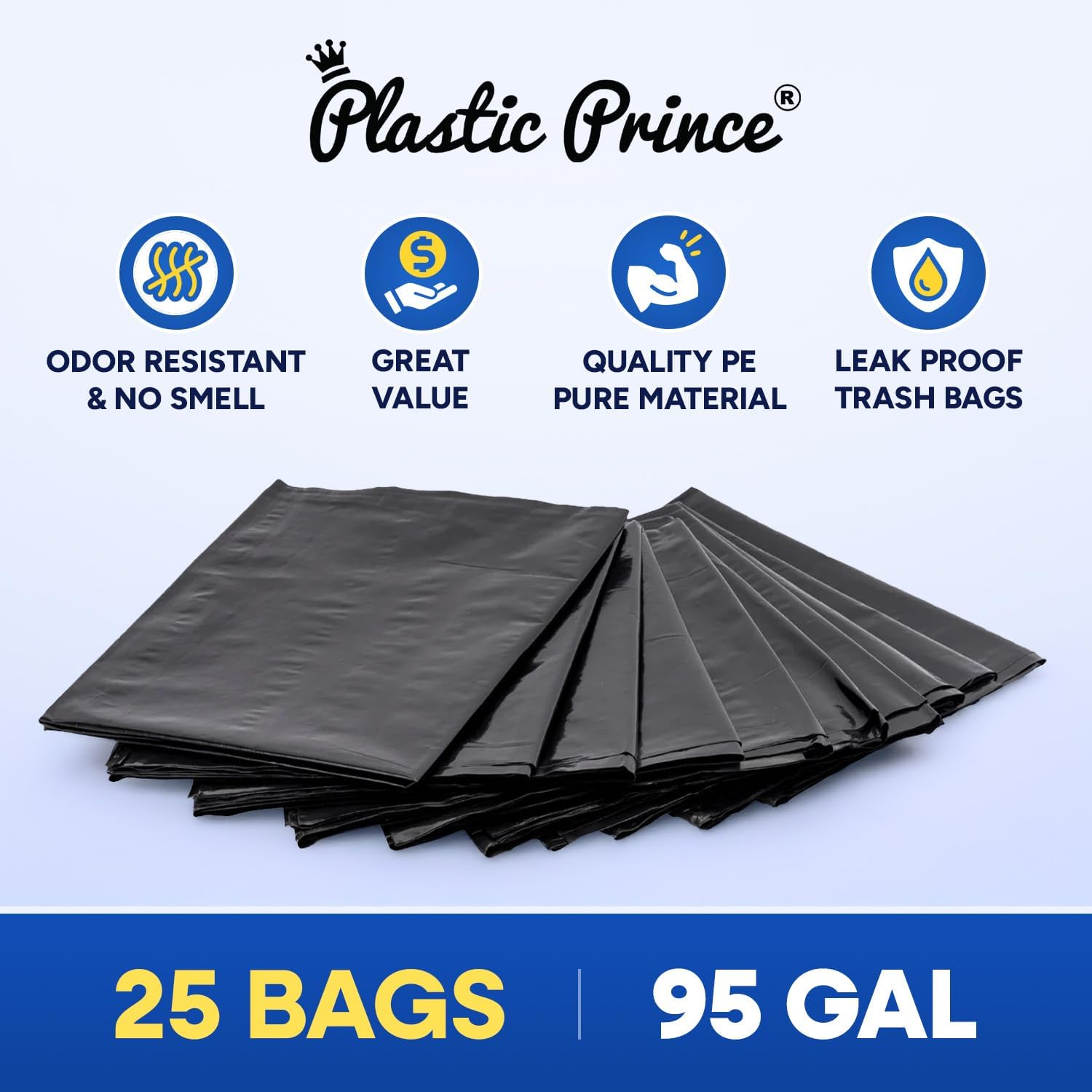 95-96 Gallon Trash Bags, Extra Large Heavy Duty Industrial Durable Black Garbage Can Liners 2 Mil, Fits Rubbermaid Rollout, Round and Square Trash Cans, 61 x 68 (Pack of 25) Bulk