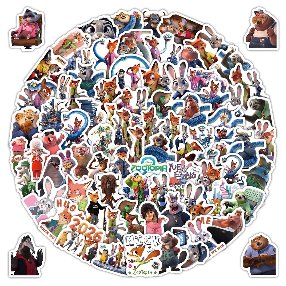 103Pcs Zootropolis 2 Stickers, Vinyl Waterproof Anime Character Sticker for Laptop, Guitar, Water Bottle