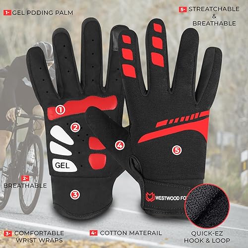 Miniatura 6 de WESTWOOD FOX Guantes de ciclismo para hombres y mujeres, dedo completo, antideslizantes, para pantalla táctil, transpirables, para ciclismo de